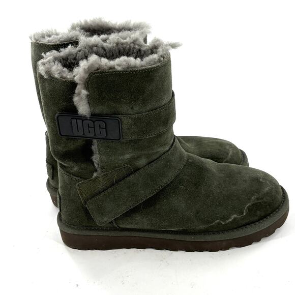 Ugg Bailey Logo Boots 7 Olive Green Gray Ankle Booties Shearling Fur Suede - Picture 2 of 9